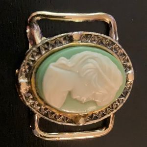 Vintage Blue White Cameo Gold Tone Slider Pendant Ribbon Choker Accent